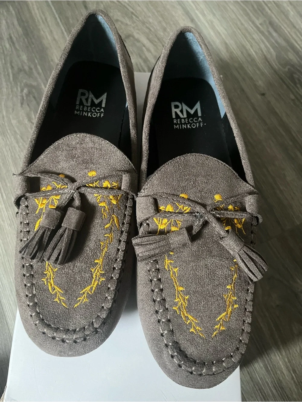 Rebecca Minkoff Taupe Suede Tassel Loafers with Yellow Embroidery